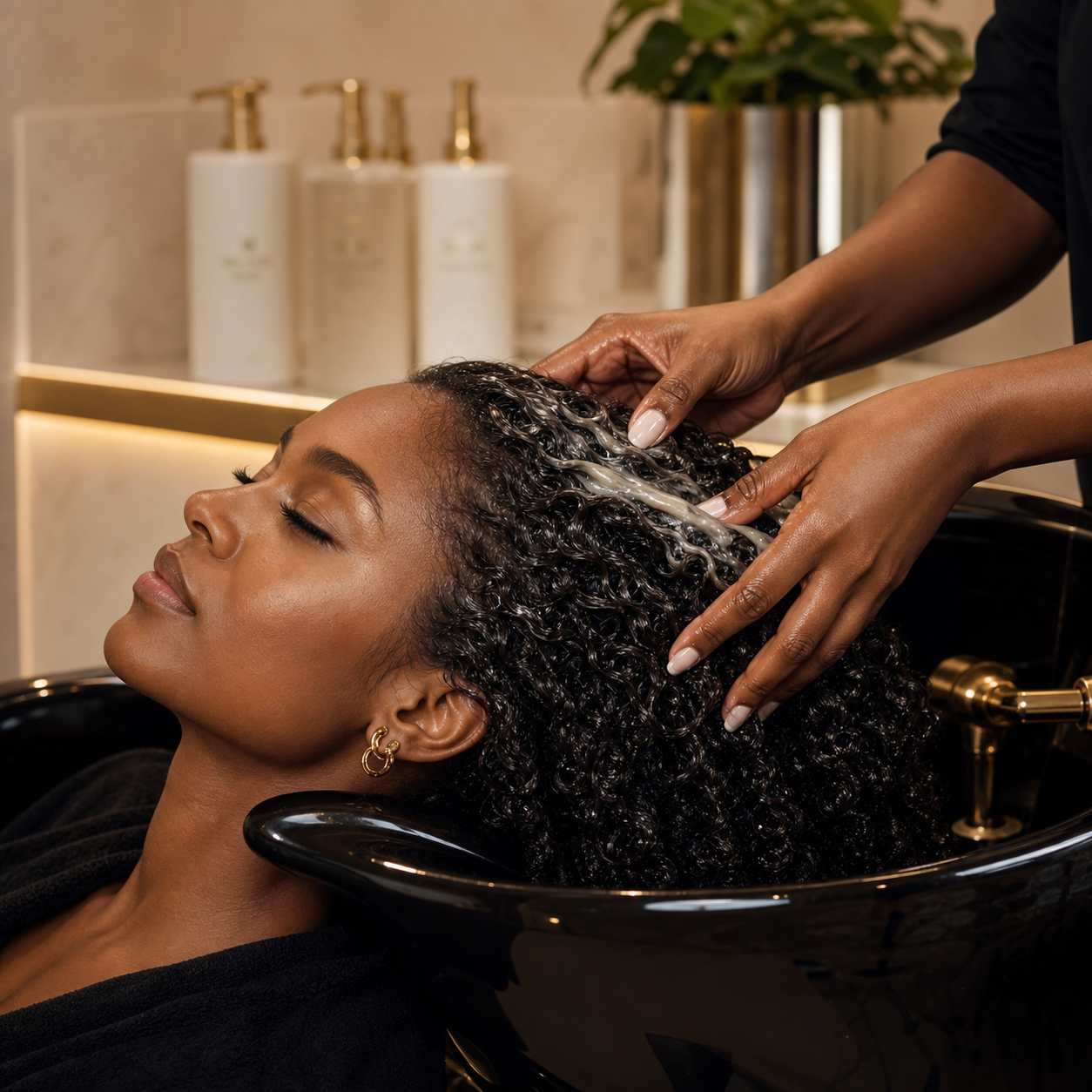 Soin capillaire hydratant appliqué sur cheveux texturés