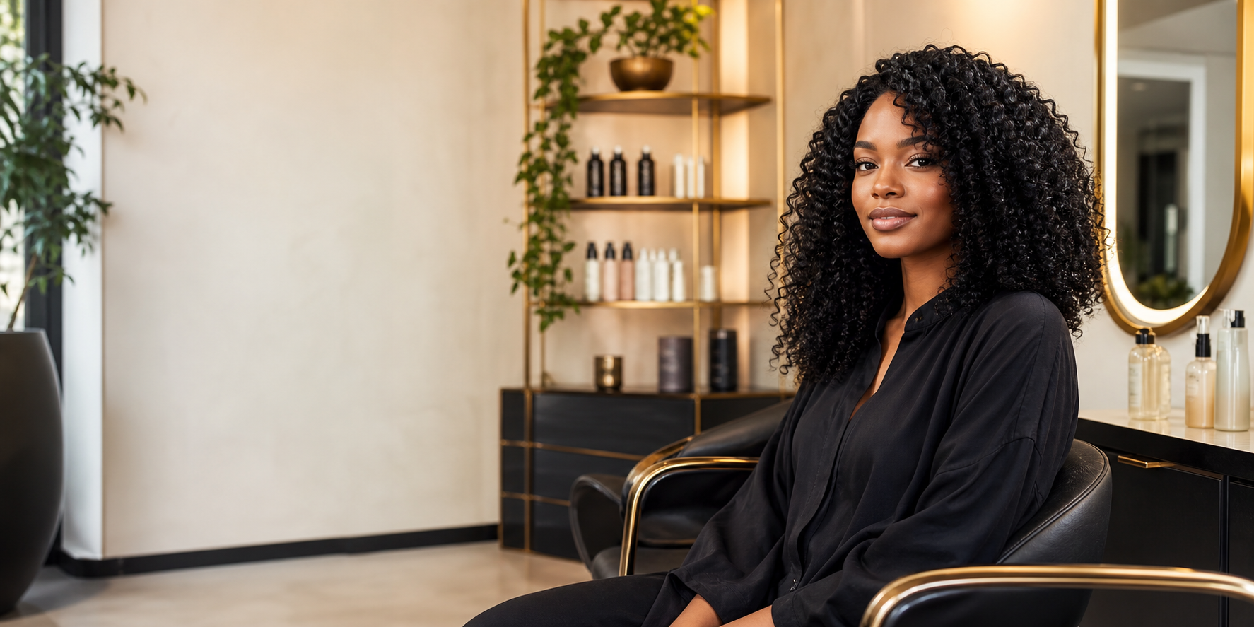 Salon premium ManssayaHair avec modèle aux boucles brillantes